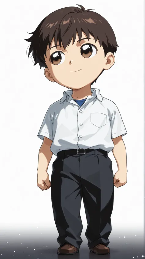 1boy , solo , shinjieva , short mash haircut, textured fringe, soft layers , chibi  , shinji ikari  in Pop Team Epic-style eXaggeration , full body , Japanese student wearing a summer school uniform with open-collar white shirt and black trousers, casual a...