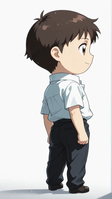 1boy , solo , shinjieva , short mash haircut, textured fringe, soft layers , chibi  , shinji ikari  in Pop Team Epic-style eXaggeration , full body , Japanese student wearing a summer school uniform with open-collar white shirt and black trousers, casual a...