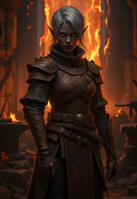 (highly qualified, high-res creation, 4k, 8k), (photo, said, фотоsaid: 1,5), lonely young girl-drow(elf DROW dark gray skin,elven facial features, elven ears, red eyes,loosely wavy silver-black hair), She is a blacksmith knight. she's worth it, she is ...