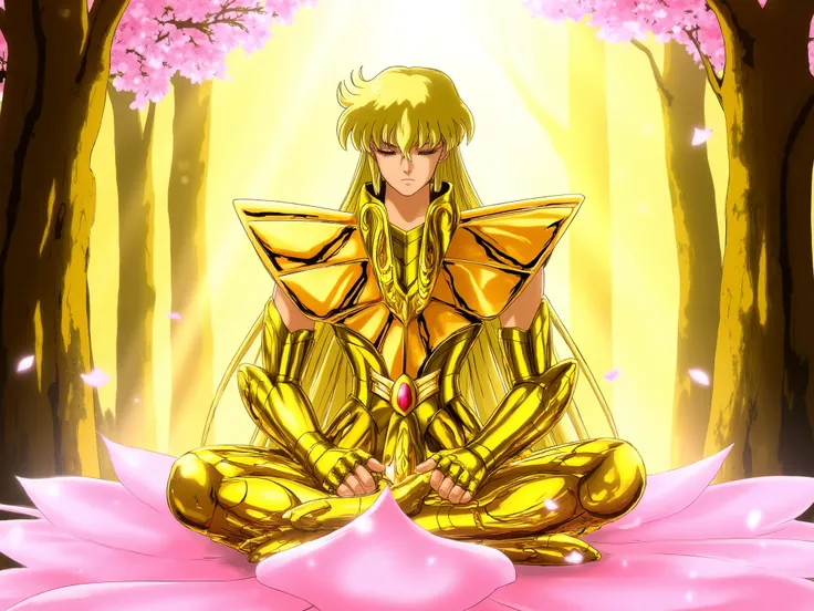 Virgo Shaka from Saint Seiya, sitting peacefully in meditation on a glowing pink lotus flower surrounded by soft golden light, wearing Virgo Gold Cloth — detailed golden armor with sacred Buddhist-inspired patterns and ornate engravings, smooth reflective ...