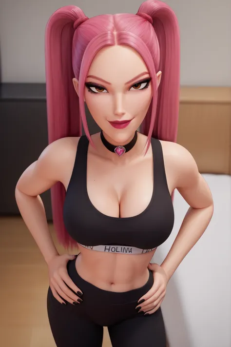 BREAK, score_6_up, score_7_up, score_8_up, score_9, 1girl, solo, kpdh_m1ra, long hair, dark pink hair, brown eyes, twintails, black choker, lipstick, makeup, official KPop Demon Hunters aesthetic, large breasts, busty, cleavage, curvy, athletic, looking at...