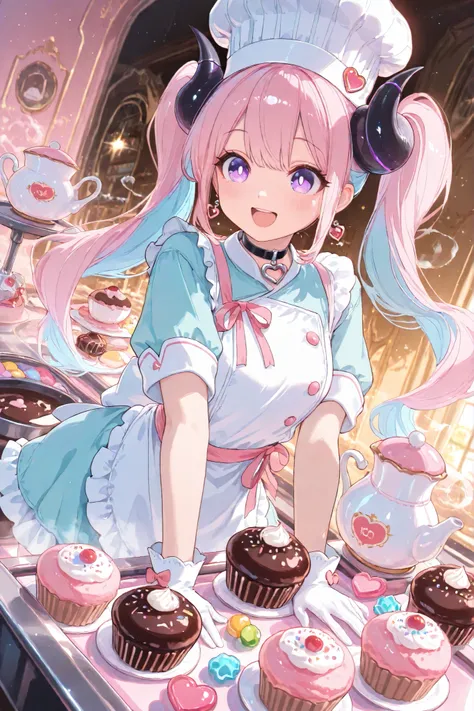 (masterpiece, best quality, ultra-detailed, 8k, soft fantasy lighting),
1girl, ((purple eye)), ((two-tone hair, pink and light blue)), twin tails, (black horn), (heart charm choker),
patisserie outfit, white chef hat with pink ribbon, short frilly apron, g...