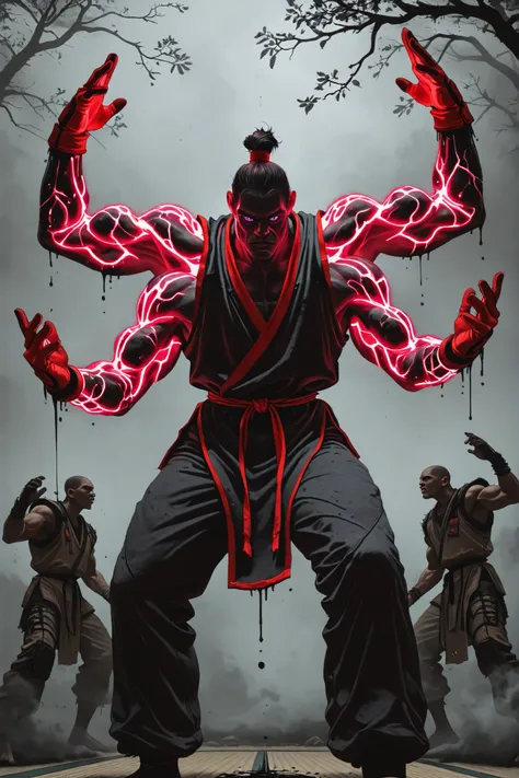 straight arm,crooked wrist,tilted,Advancing standing,Strange dance,deep brown branches,black pollution dark liquid creeping up the skin,dark oil adhered to,a boy,neon red gloves,neon purple eyes,((4 muscular arms)),martial fighter clothing,2 pairs of arms...