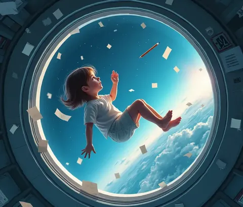 girl floating in a spaceship in zero gravity, surrounded by drifting paper, A floating pencil, and starlight peeking through a porthole. The scene captures quiet curiosity in isolation. illustrated in a sci-fi conceptual art style, rendered with soft gradi...