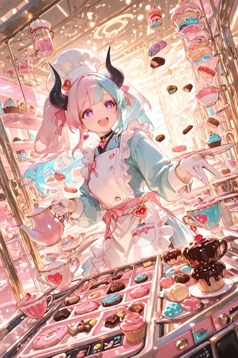 (masterpiece, best quality, ultra-detailed, 8k, soft fantasy lighting),
1girl, ((purple eye)), ((two-tone hair, pink and light blue)), twin tails, (black horn), (heart charm choker),
patisserie outfit, white chef hat with pink ribbon, short frilly apron, g...