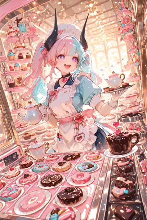 (masterpiece, best quality, ultra-detailed, 8k, soft fantasy lighting),
1girl, ((purple eye)), ((two-tone hair, pink and light blue)), twin tails, (black horn), (heart charm choker),
patisserie outfit, white chef hat with pink ribbon, short frilly apron, g...