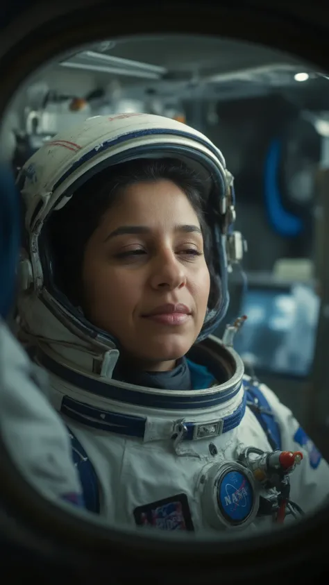 highdefinition images、An image of the space shuttle（女性 ）pilot NASAの宇宙服、眠い顔してる、the moment he woke up、