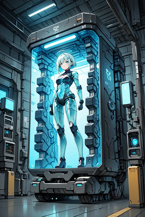 Ultimate Details, Like a Picture, 8K quality,  Cyberpunk-style robot production factory, Second-rate々 and a girl-type android being transported, translucent artificial skin, Internal Structure of Precision Machines, Automatic Welding Robot,  Quality inspec...