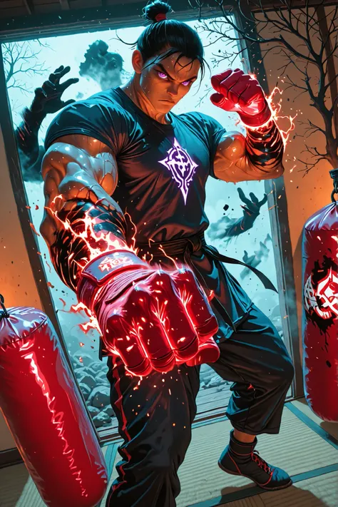 straight arm,crooked wrist,tilted,Standing insurance,Strange dance,deep brown branches,black contamination dark liquid creeping up the skin,dark oil adhered to,a boy,neon red gloves,neon purple eyes,((4 muscular arms)),martial fighter clothing,2 pairs of ...