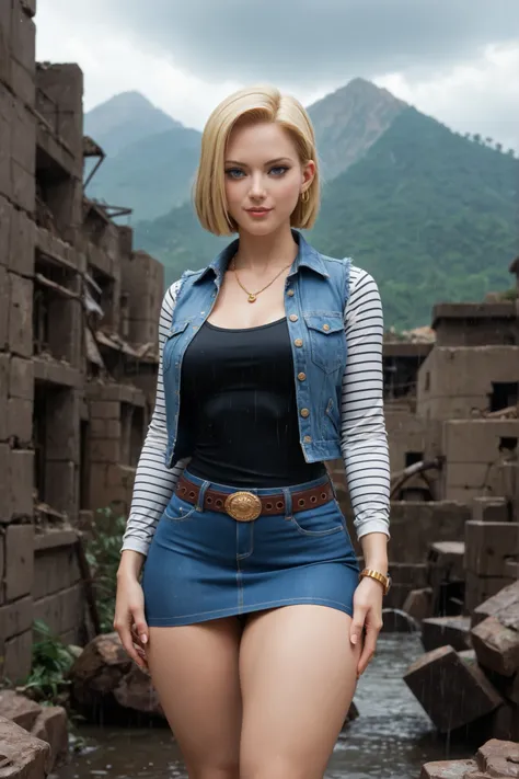 (Data:20250212, por:Joulios) melhor qualidade, highres, E18, uma garota, android 18, only, cabelo loiro, olhos azuis, cinto, tight blue denim skirt, ouro_colar, pulseira, punhos fechados, camisa preta, cabelo curto, white striped long sleeves, brincos, col...