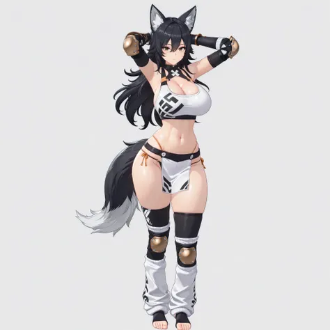 (1girl, solo, wolf girl, black hair, long hair, hair between eyes, brown eyes, h-cups breasts, cleavage, navel, wide hips, thick hips, sparring outfit, beautiful top, elbow pads, lowleg thong, pelvic curtain, high thigh socks, toeless socks, knee pads, loo...