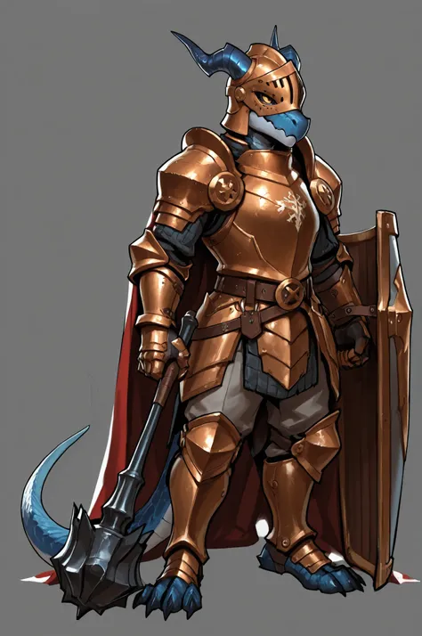 WarlockMaster, winged helmet, helm, pauldrons, copper exoskeleton, shoulder armor, armor, full armor, cape, gauntlets, brown belt,pointed ears, long draconic snout, lean physique, kobold, blue scales, great gray horns, highly detailed, best quality, holdin...