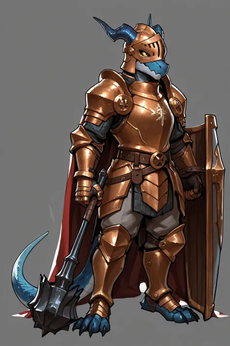 WarlockMaster, winged helmet, helm, pauldrons, copper exoskeleton, shoulder armor, armor, full armor, cape, gauntlets, brown belt,pointed ears, long draconic snout, lean physique, kobold, blue scales, great gray horns, highly detailed, best quality, holdin...