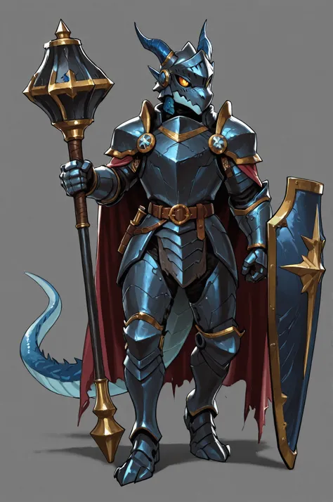WarlockMaster, winged helmet, helm, pauldrons, mecha copper exoskeleton, shoulder armor, armor, full armor, cape, gauntlets, brown belt,pointed ears, long draconic snout, lean physique, kobold, blue scales, great gray horns, highly detailed, best quality, ...