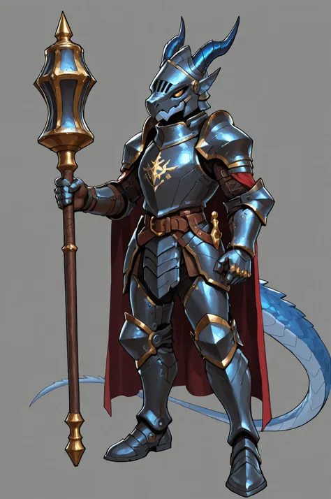 WarlockMaster, winged helmet, helm, pauldrons, mecha copper exoskeleton, shoulder armor, armor, full armor, cape, gauntlets, brown belt,pointed ears, long draconic snout, lean physique, kobold, blue scales, great gray horns, highly detailed, best quality, ...