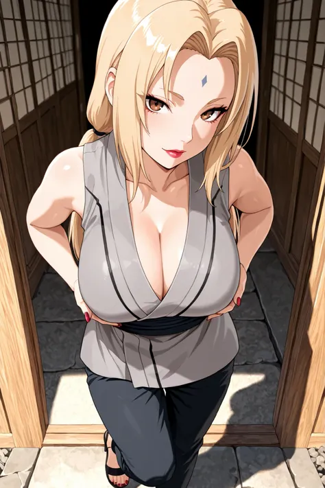 1girl,most, 1girl, solo, watch the viewers, blond hair, Mark on the forehead, Lipstick, brown eyes,
long hair, rose twin tail,
gray kimono,  sleeveless kimono, band,
big breasts, Disconnect,
pants, sandals,
足のnailのマニキュア,nail,, high quality, very detailed, ...