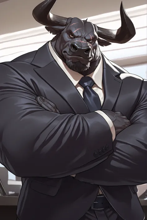 solo, masterpiece:1.3, muscular man, furry black bull, suits, office, film looks, firm, serious, strong, pose, looking to viewer, scar on face, highly detailed, 8k, semi realistic, Anatomically Correct, Best Quality, Textured Skin, Ray Tracing, detailed fa...