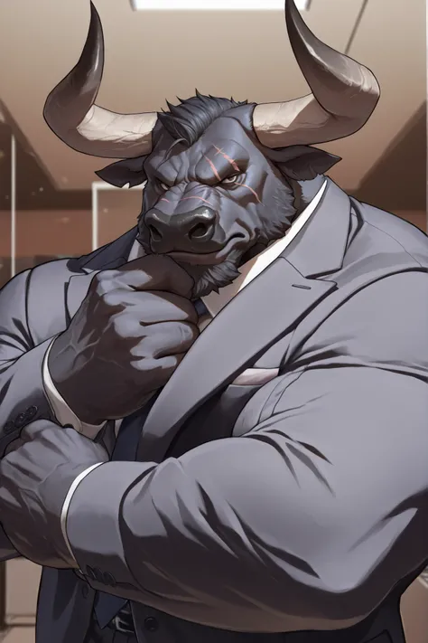 solo, masterpiece:1.3, muscular man, furry black bull, suits, office, film looks, firm, serious, strong, pose, looking to viewer, scar on face, highly detailed, 8k, semi realistic, Anatomically Correct, Best Quality, Textured Skin, Ray Tracing, detailed fa...