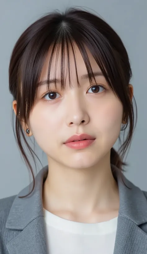Passport photo of a neat young woman、facing directly、camera list、office lady suit、jacket、shirt、、has bangs and is making a small scream、ear piercings、、No expression、has closed its mouth、face close-up、grey background
