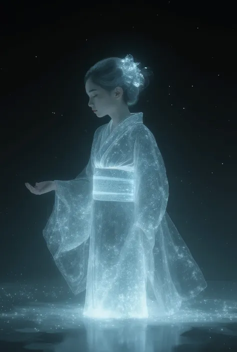 Japanese woman's hologram、hologram kimono、hologram decoration、Fantastic Atmosphere Reminiscent of Outer Space、Strong Contrast Reveals Outlines、background is a dark, wavy gradient、Shining Light Particles、fluffy、mute color palette、The dark green theme、Cinema...