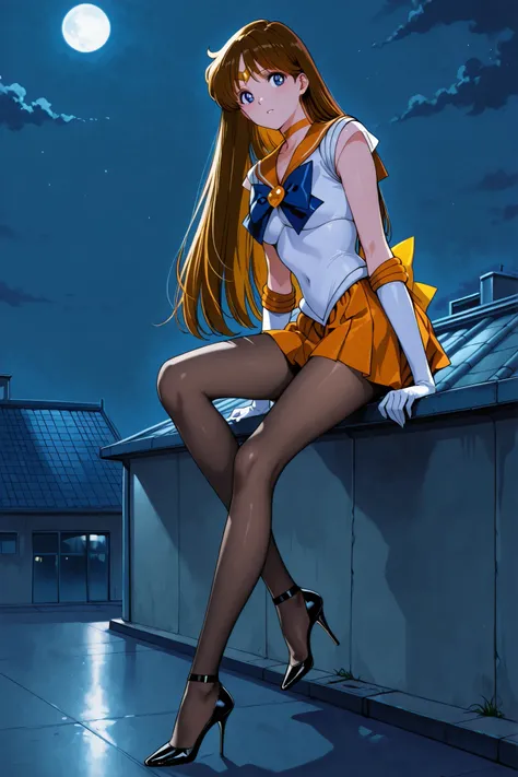 black 0 denier pantyhose,10cm stiletto heels, black stiletto heels,Sailor Venus,No Headband,brown hair, She may need long straight hair,moonlight, school rooftop(((