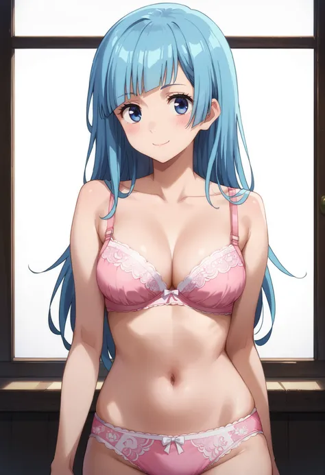 masterpiece, Highest Quality, Newest, 8K image、real、Picture、medium bust,Standing、one woman、solo, Kasumi Miwa、 long hair, blue hair 、 long hair 、blue eyes, Blush 、pink underwear、(lace bra、lace panties:1.3)、 Smile Yan、closed mouth、cowboy shot