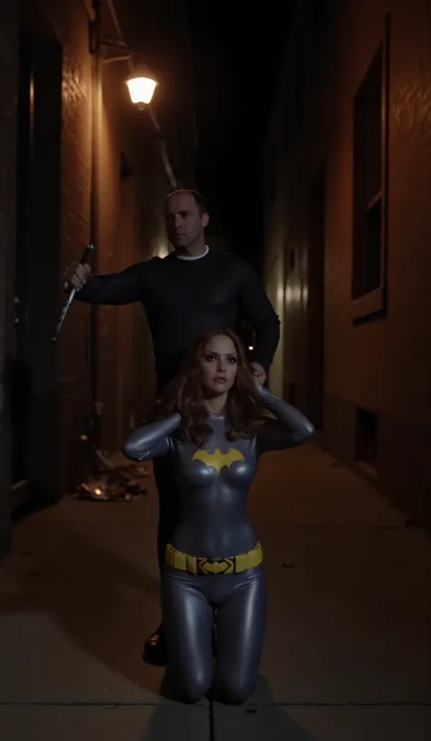 Nighttime. dark , full body shot of Christina Ricci with dark red hair viewed from directly above, dressed as batgirl wearing a full length gray rubber bodysuit with a yellow batgirl symbol on the chest, she kneels in an alley, looking back at her attacke...