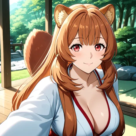 Raphalia , Tate no Yuusha no Nariagari, raccoon ears. round red eyes orange hair with rounded animal ears and fluffy tail, fair skin slender figure and big breasts. She wears Miko outfit Raje de Saserdotisa. WHITE AND RED. Background a Japanese garden , H...