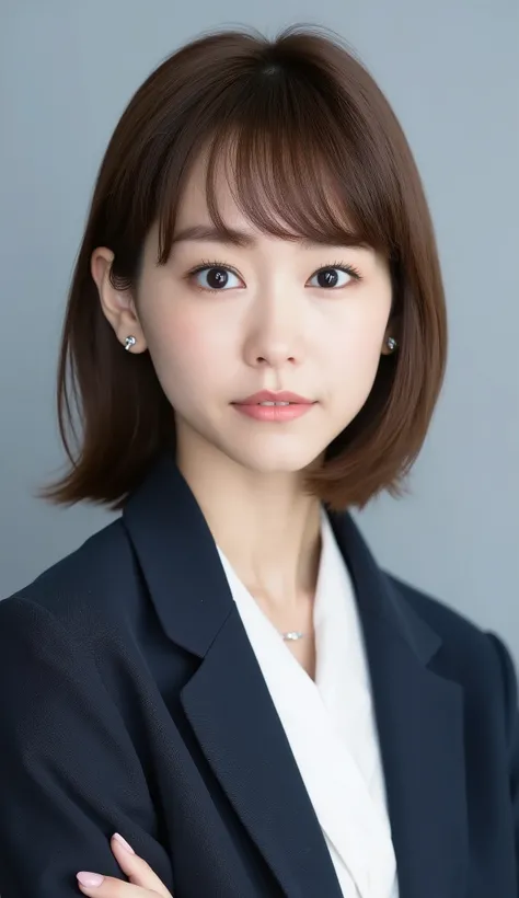 Passport photo of a neat young woman、camera list、thin metal frames、office lady suit、jacket、shirt、ear piercings、前髪あり、No expression、has closed its mouth、への字口、face close-up、grey background