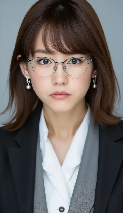Passport photo of a neat young woman、camera list、thin metal frames、office lady suit、jacket、shirt、ear piercings、前髪あり、怒り顔、has closed its mouth、への字口、face close-up、grey background