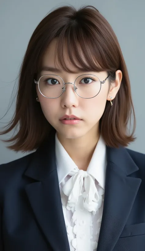 Passport photo of a neat young woman、camera list、thin metal frames、office lady suit、jacket、shirt、ear piercings、前髪あり、怒り顔、has closed its mouth、への字口、face close-up、grey background
