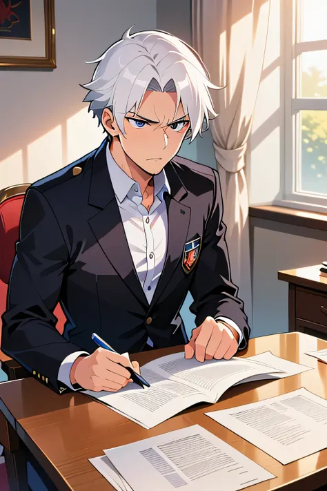 Benjamin Wilson(Side-parted white hair, English man, dark eyes, slim, concentrating expression) wear(Black suit, emblem on breast pocket) studying an important document