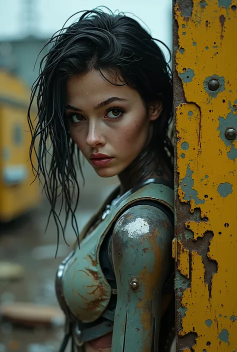 A damaged girl android lean on the delicate wall in a post-apocalyptic junkyard, detailed mechanical body with exposed wires and metal plating, lifelike face with expressive eyes and wet flowing black hair, raindrops on skin and metal, mixture of innocence...