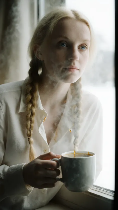 Kodak Motion Picture Film Style,masterpiece, ultra detiled, high quality, blonde hair, very long hair, twin braids, blue eyes, small breasts, glasses, (On a cold winter morning, a girl leans out of an open window and drinks hot, fragrant coffee. steam bill...