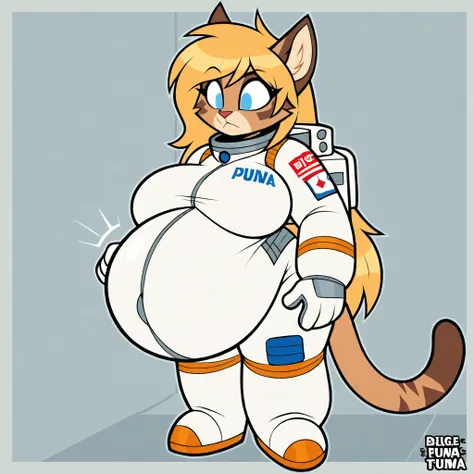 beige puma, feline, furry, female focus, big belly, fat body, big breasts, blond long hair, light blue eyes, Astronaut Suit, full body
