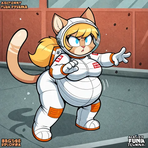 beige puma, feline, furry, female focus, big belly, fat body, big breasts, blond long hair, light blue eyes, Astronaut Suit, action pose, full body