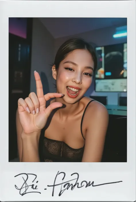 amature photo, A beautiful young girl laughing. realistic,sphf1ngers, sph, beautiful hand, 5 finger, looking at viewer,indoors, sitting, sweat, laughing woman, night club, crazy laugh, live stream,, with Jennie Kim's signature on the photo, polaroid photo