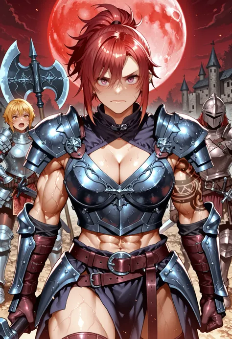 score_9_up , score_8_up , score_7 , masterpiece, fantasy world, Prairie with castle walls visible in the distance, Red Moon, 2girl, Female warriors with axes and female knights with swords are lined up, beautiful detailed face holding a battle axe, (onna_t...