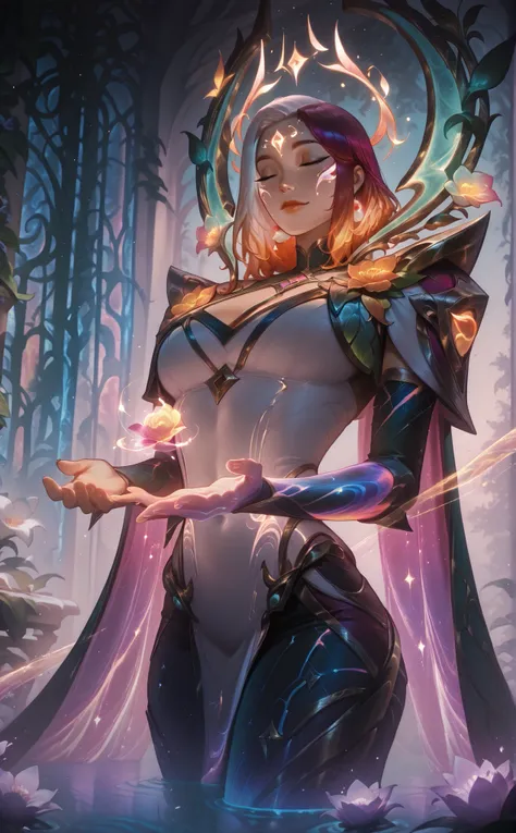 Create a highly detailed, vibrant digital artwork of a female character standing in a magical garden. She is wearing a glowing, luminous cape that radiates soft, ethereal light, illuminating her surroundings. The garden is enchanted, filled with glowing, b...