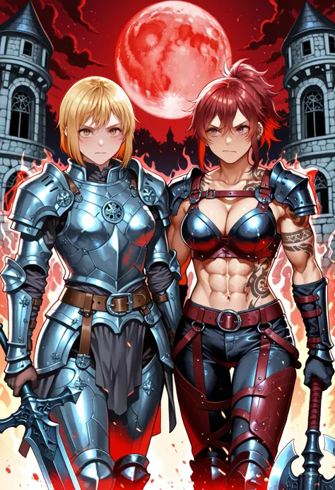 score_9_up , score_8_up , score_7 , masterpiece, fantasy world, Prairie with castle walls visible in the distance, Red Moon, Two women stand side by side, beautiful detailed face holding a battle axe, (holds a large sword), (onna_tomodachi, red hair ponyta...