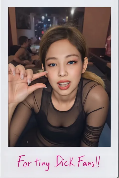 amature photo, A beautiful young girl annoyed. realistic,sphf1ngers, sph, beautiful hand, 5 finger, looking at viewer,indoors, sitting, sweat, laughing woman, night club, party, bar,, it writes "For tiny Dick Fans! J" on the photo, polaroid photo