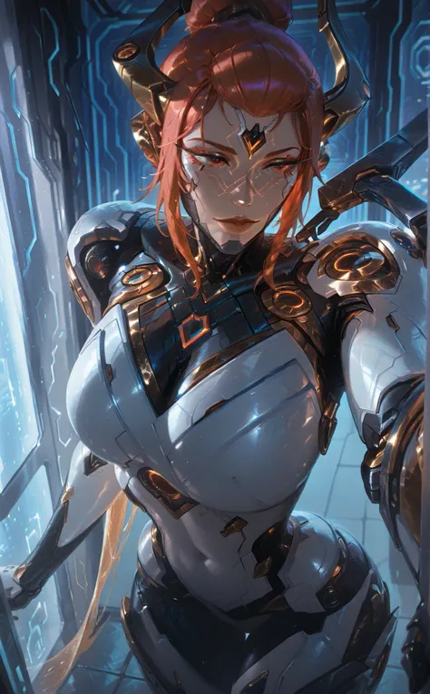 a close up of a woman in a futuristic outfit with horns, of a beautiful female warframe, biomechanical oppai, 2. 5 d cgi anime fantasy artwork, portrait of a cyborg queen, beautiful cyborg priestess, cyborg goddess in cosmos, girl in mecha cyber armor, of ...