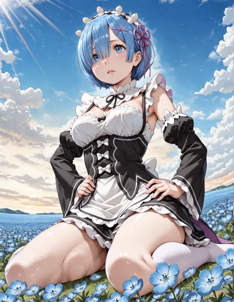 upper body, from below, sitting, wariza,(1girl, solo:1.3), masterpiece,best quality,amazing quality,((r3m, rem (re:zero),short hair, blue hair, hair ornament, x hair ornament, ribbon, maid headdress, blue eyes, hair over one eye, roswaal mansion maid unifo...