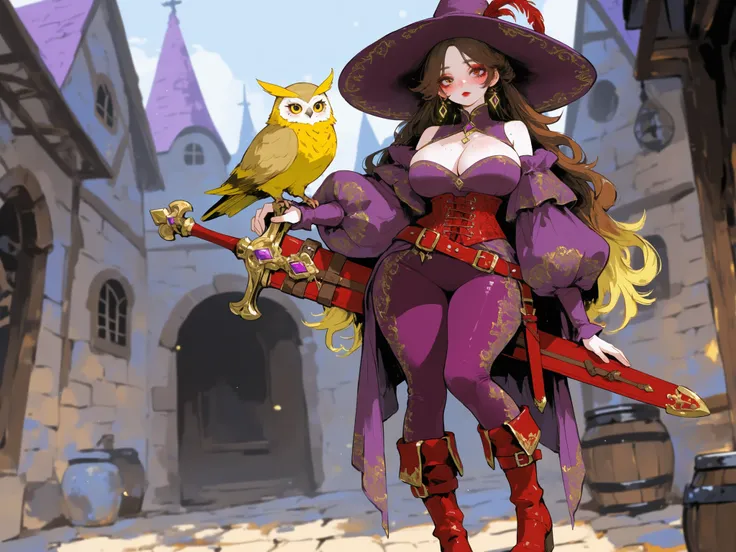 (0__11Xx_illu,duobaan,) The girl is an bard/minstrel. She has a wiry feminine body with rounded thick wide hips and big breasts. She has long wavy loose dark brown hairstyle with gold highlighted bleached dyed strands. She has yellow owl-like eyes. She has...