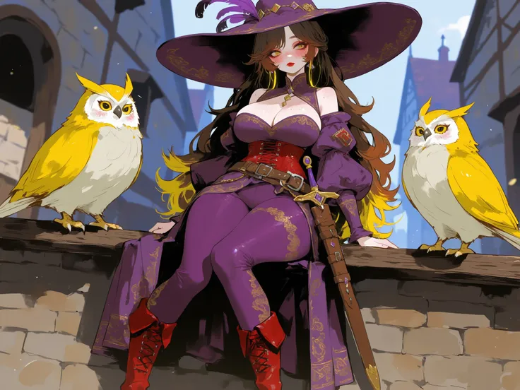 (0__11Xx_illu,duobaan,) The girl is an bard/minstrel. She has a wiry feminine body with rounded thick wide hips and big breasts. She has long wavy loose dark brown hairstyle with gold highlighted bleached dyed strands. She has yellow owl-like eyes. She has...