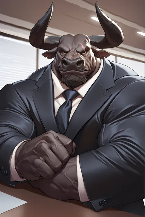 solo, masterpiece:1.3, muscular man, furry black bull, suits, office, film looks, firm, serious, strong, pose, looking to viewer, scar on face, highly detailed, 8k, semi realistic, Anatomically Correct, Best Quality, Textured Skin, Ray Tracing, detailed fa...