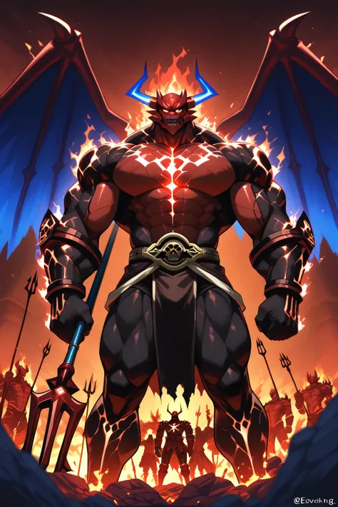 A towering demonic warrior with massive blue wings, glowing with arcane energy. His muscular body radiates power as blue lightning cracks across his chest and trident. The background burns in deep crimson, surrounded by jagged rocks and infernal flames, ev...