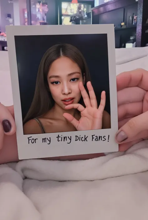 amature photo, A beautiful young girl annoyed. realistic,sphf1ngers, sph, beautiful hand, 5 finger, looking at viewer,indoors, sitting, sweat, laughing woman, night club, party, bar,, it writes "For my tiny Dick Fans! Jennie" on the photo, polaroid photo, ...