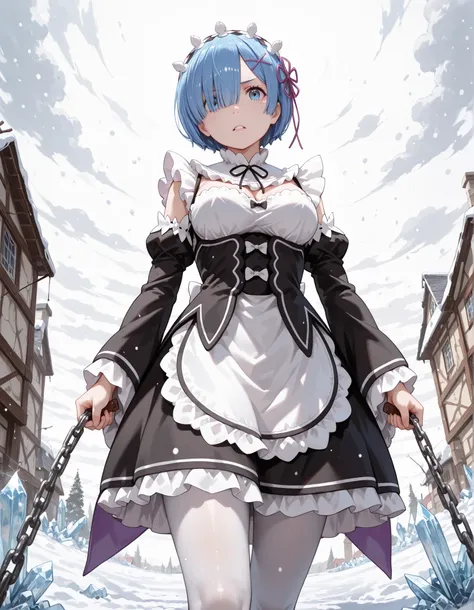 cowboy shot, upper body, from below,((best quality)), ((masterpiece)), illustration, (detailed), [(white background:1.5)::5], isometric, 1girl, solo, rem_\(re_zero\), cute, lustrous skin, enchanting gaze, captivating pose, blue hair, short hair, (hair over...