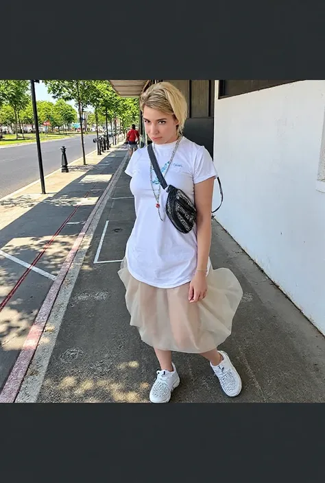 A beautiful white girl, blonde like a human, with blue eyes, wearing a short white T-shirt, no clothes inside, just a few new details. Give Thai girls six more skirts. Whoever wears a skirt with flesh attached to the skirt of a Thai woman, change the textu...
